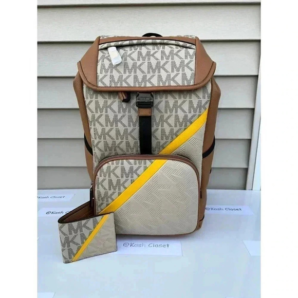 Michael Kors Mens Cooper Backpack Logo Stripe Bag & Wallet Bundle Set Chino - Picture 2 of 12
